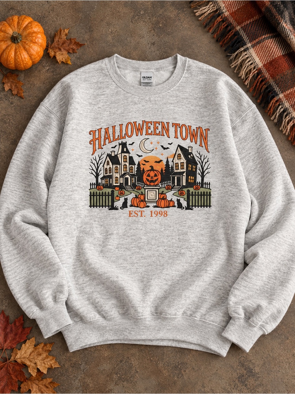 Halloween Town Crewneck Sweatshirt Haunted House Pumpkin Graphic Gildan Grey